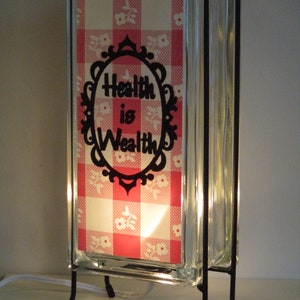 Health is Wealth lighted glass block, upcycled retro kitchen decor, kitchen gift for her, red farmhouse kitchen art image 2