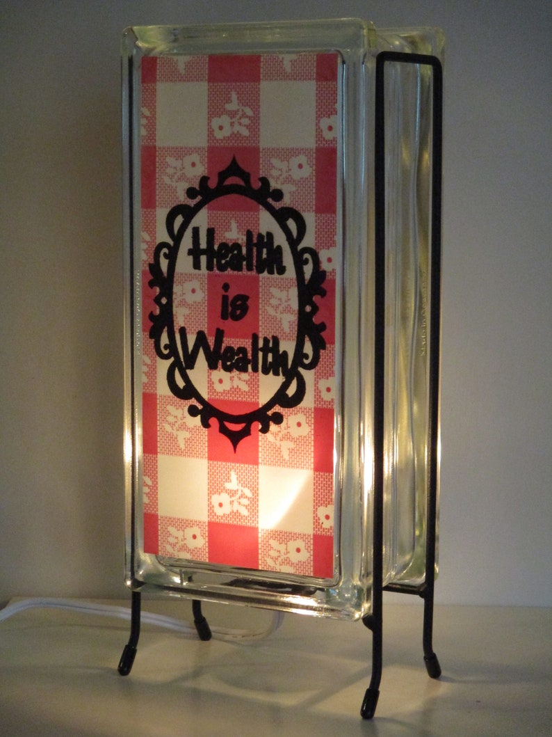 Health is Wealth lighted glass block, upcycled retro kitchen decor, kitchen gift for her, red farmhouse kitchen art image 2