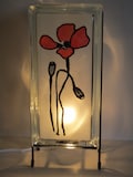 Red Poppy Lamp, lighted glass block poppy, flower art, upcycled retro decor, gift for mom, botanical art, lighted poppy decor