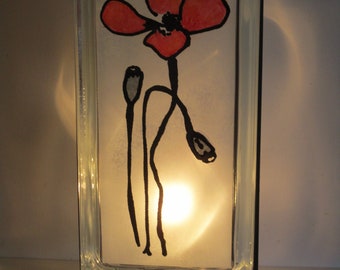 Red Poppy Lamp, lighted glass block poppy, flower art, upcycled retro decor, gift for mom, botanical art, lighted poppy decor