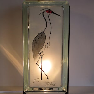 Sand Hill Crane Lighted Glass Block,  zen decor, Nebraska gift, upcycled bird art, bird collector gift, birder gift