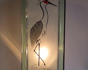 Sand Hill Crane Lamp upcycled CRANE night light glass block Original Art retro bird lamp cranes bird lover gift