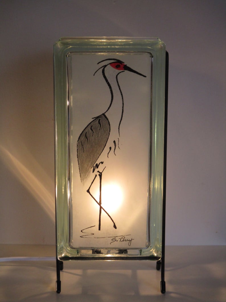 Sand Hill Crane Lighted Glass Block, unique bird lover gift, Nebraska gift, upcycled retro glass block bird collector gift image 1