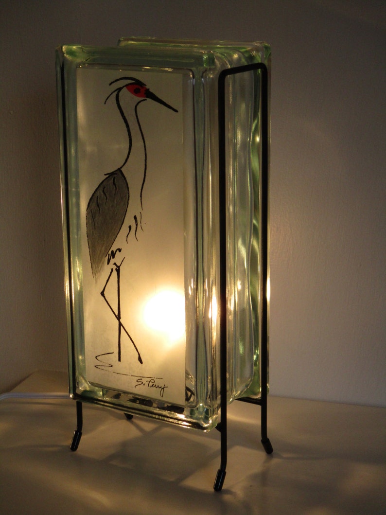 Sand Hill Crane Lighted Glass Block, unique bird lover gift, Nebraska gift, upcycled retro glass block bird collector gift image 2