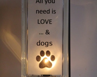 Dog Pawprint Lamp upcycled glass block dog lover gift  dog night light All you need is love & dogs