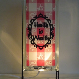 Health is Wealth lighted glass block, upcycled retro kitchen decor, kitchen gift for her, red farmhouse kitchen art image 1