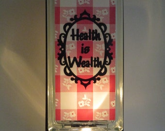 Health is Wealth Lighted Glass Block, Retro Kitchen Decor