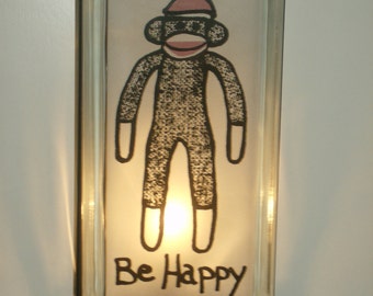 Sock Monkey Be Happy lighted Glass Block accent Lamp, Nursery decor, unique teenager gift,  Kids room Night Light new mom gift