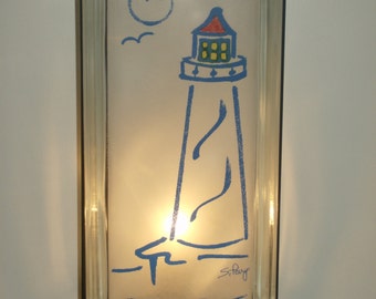 Beach Decor Lighthouse night light upcycled glass block lake house beach house lighthouse lamp