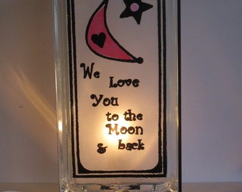 We Love You to the Moon and Back lighted glass block, baby shower gift, baby girl gift, girlfriend gift, kids room night light, gift for mom