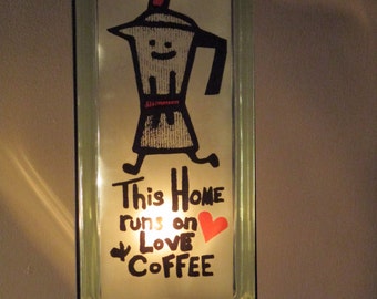 Coffee Art, This House Runs on Love and Coffee lighted glass block, Espresso Pot, Retro 50's kitchen decor, gift for dad