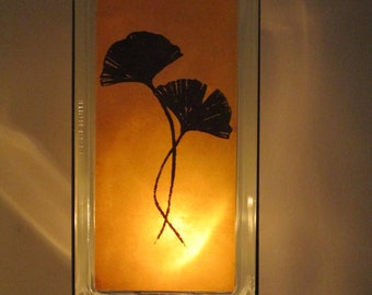 Gingko leaves lighted glass block, Gingko gift, ginko biloba upcycled 50's retro gingko leaves night light, fall decor