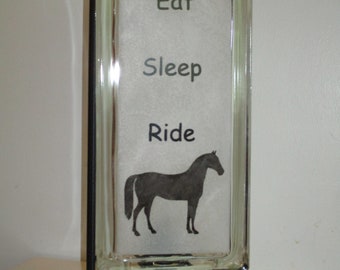 Horse Lover Night Light, Eat Sleep Ride, Upcycled Glass Block Lamp