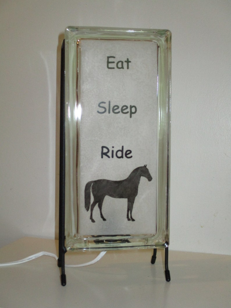 Horse Lighted Glass Block, Eat Sleep Ride horse night light, upcycled retro decor, horse lover gift, horse lamp image 1