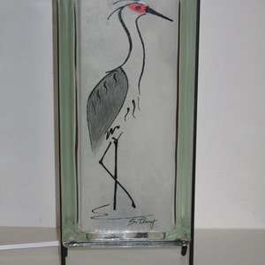 Sand Hill Crane Lighted Glass Block, unique bird lover gift, Nebraska gift, upcycled retro glass block bird collector gift image 3