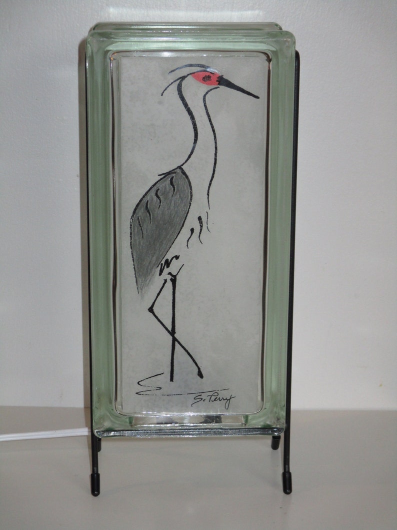 Sand Hill Crane Lighted Glass Block, unique bird lover gift, Nebraska gift, upcycled retro glass block bird collector gift image 3