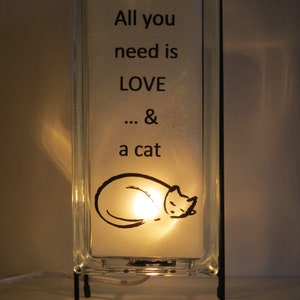 All you need is love and a cat glass block night light, retro 50&#39;s cat lamp, upcycled cat art, cat lover gift