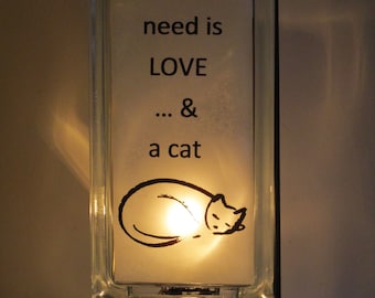 All you need is love and a cat glass block night light, retro 50's cat lamp, upcycled cat art, cat lover gift