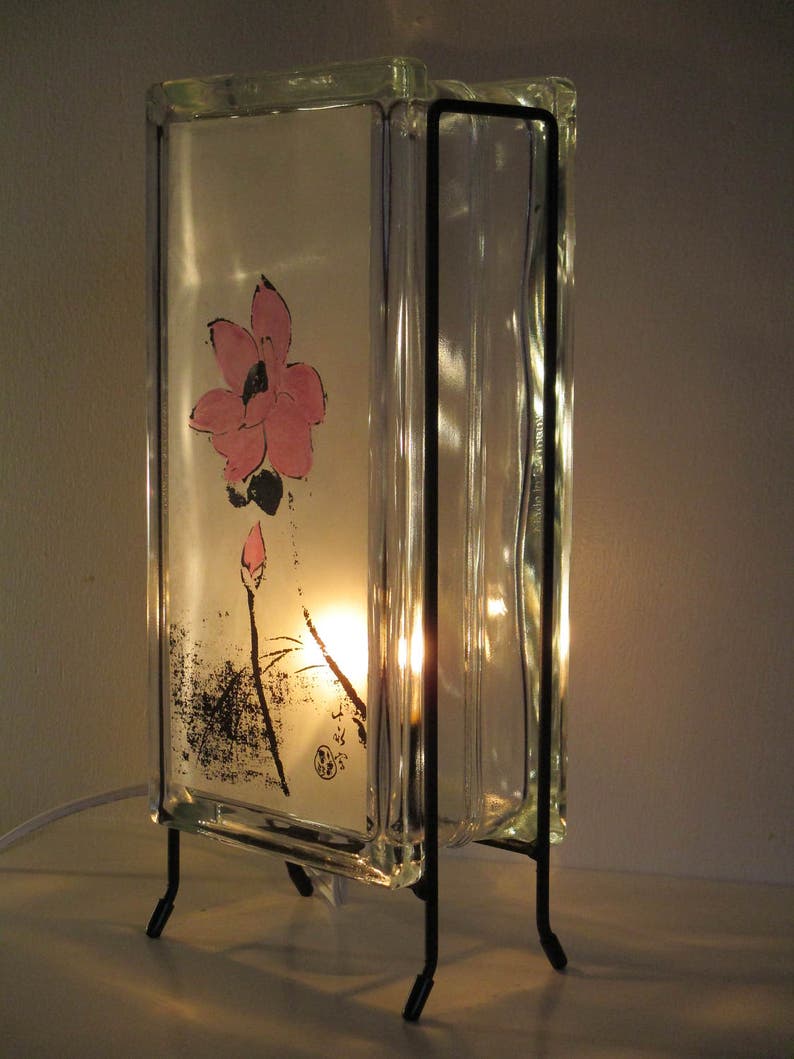 Lotus lighted glass block, zen decor, tropical decor, upcycled retro decor, glass block lotus, meditation gift, yoga gift image 2