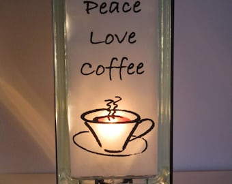 Peace Love Coffee glass block light, upcycled glass block Retro kitchen decor, coffee night light, housewarming gift