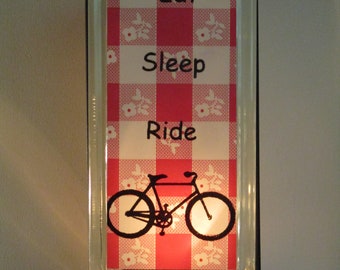 Bicycle night light 50's decor glass block bicycle Eat Sleep Ride red plaid kids room lamp farmhouse decor