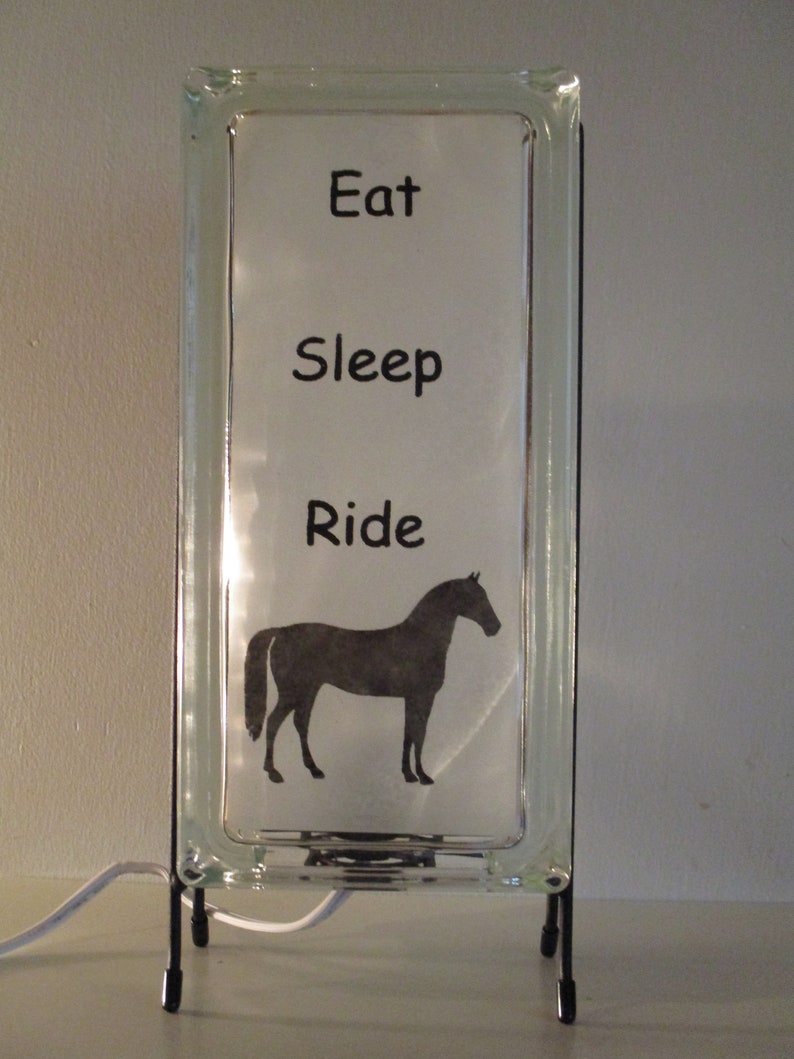 Horse Lighted Glass Block, Eat Sleep Ride horse night light, upcycled retro decor, horse lover gift, horse lamp image 5