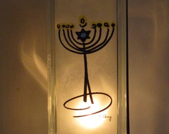 Menorah Glass Block Lamp, Modern Hanukkah Lighting, Judaica Art
