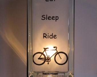 Bicycle lighted glass block, upcycled kids room lamp, Eat Sleep Ride bicycle night light, gift for cyclist, bike gift, retro bicycle decor