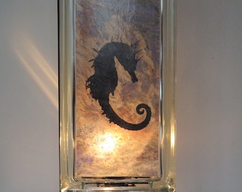 Seahorse lamp, seahorse lighted glass block, retro seahorse nightlight, beach decor, ocean decor, beach house, seahorse art