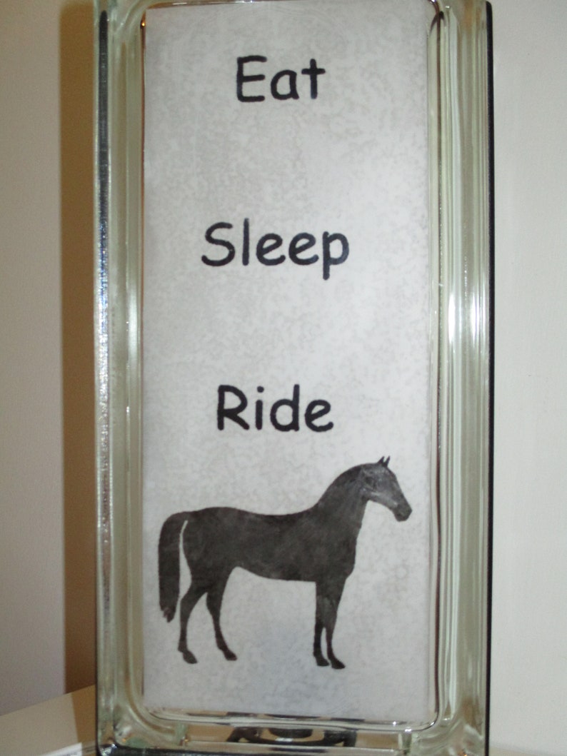 Horse Lighted Glass Block, Eat Sleep Ride horse night light, upcycled retro decor, horse lover gift, horse lamp image 4