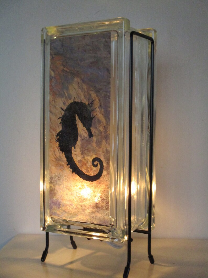 Seahorse lamp, seahorse lighted glass block, retro seahorse nightlight, beach decor, ocean decor, beach house, seahorse art image 2