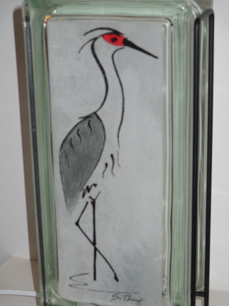 Sand Hill Crane Lighted Glass Block, unique bird lover gift, Nebraska gift, upcycled retro glass block bird collector gift image 4