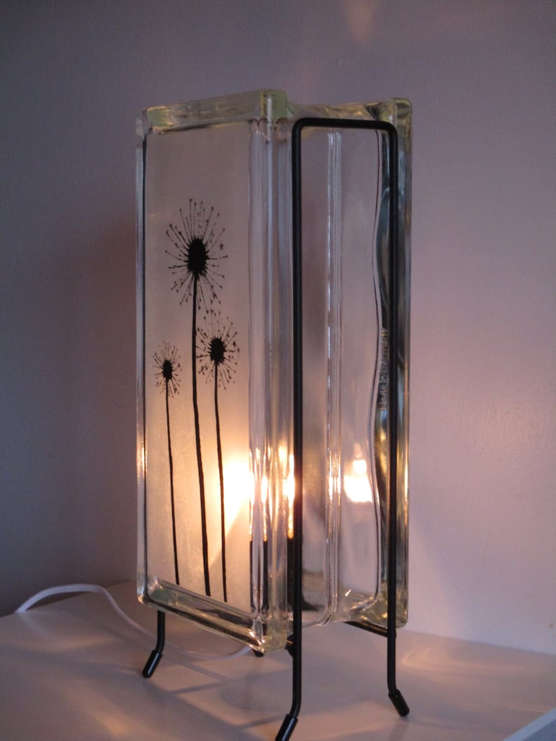 Dandelions Lighted Glass Block Upcycled Retro Glass Block Etsy