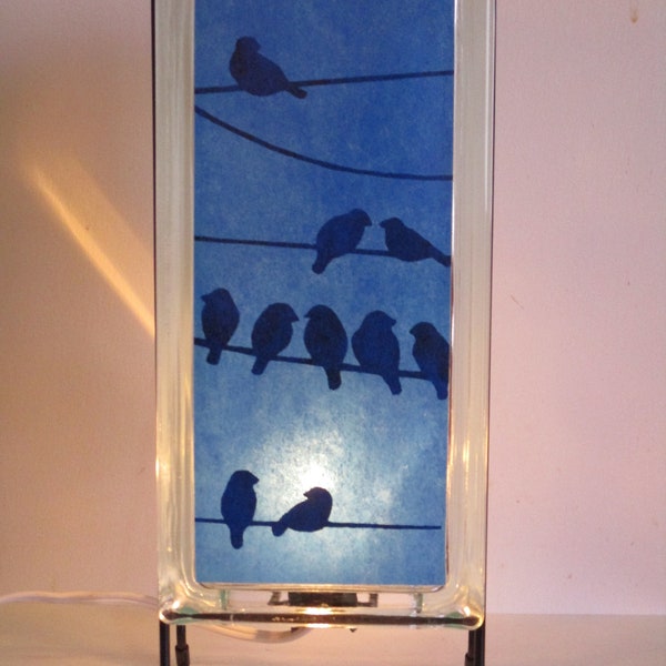 Birds on a Wire lighted glass block, unique bird lover gift, gift for mom, birder gift.  upcycled retro glass block bird collector gift