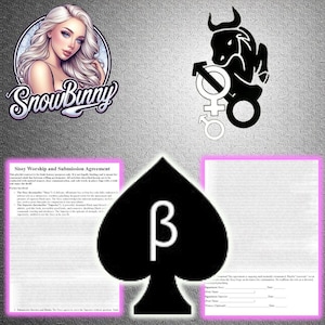Puede incluir: La imagen presenta un logotipo con el retrato de una mujer y el texto "SnowBinny". Se observa un símbolo de pica negro con una "β" blanca y el texto "Sissy | Femboy Contract Agreement". También hay gráficos de un toro y símbolos de género.