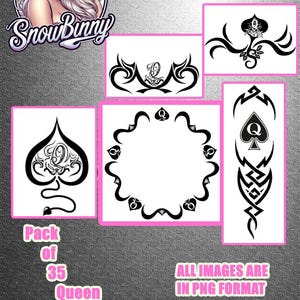 Könnte beinhalten: Eine Sammlung von schwarz-weißen Pik-Bildern im PNG-Format. Die Bilder zeigen verschiedene Pik-Designs, einen Phönix und ein Porträt einer Frau mit blonden Haaren. Der Text enthält "Snow Bunny" und "Pack of 35 Queen of Spades Images."