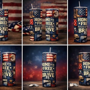 以下が含まれることがあります： アメリカ国旗のデザインと「HOME OF THE FREE because of the BRAVE」の文字が入った愛国的なタンブラー。デザインには、軍事ブーツ、ワシ、ヘルメットが含まれています。タンブラーにはストローが付いています。