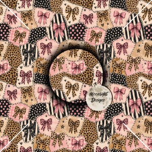 May include: A seamless pattern featuring a patchwork of squares with various prints including leopard spots, black and white stripes, and polka dots, all decorated with illustrated bows in pink, black, and tan. A circular overlay displays the text Moonlight Designs.