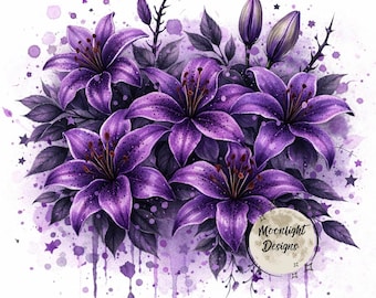 Purple Lily Watercolor Clipart PNG | Gothic Floral Bouquet Sublimation Design | Dark Botanical Wall Art Printable |