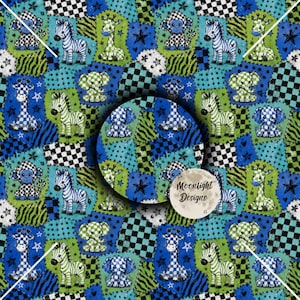 Blue Safari Seamless Pattern PNG | Checkered Zoo Animals | Preppy Patchwork Digital Paper | Zebra Giraffe Elephant Monkey | Sublimation Fabr