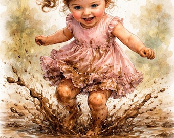 Muddy Puddle Girl Watercolor Art Print | Farmhouse Nursery Decor