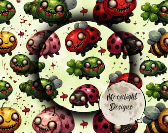 Creepy Lucky Bugs Seamless Pattern 12x12 | Gothic St Patricks Day Digital Paper | Horror Ladybug Clover Pattern | Dark Cute PNG Download