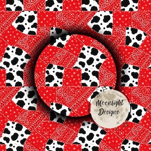 May include: A patchwork design featuring red paisley and cow print patterns. The design includes a circular element with the text "Moonlight Designs" on a moon graphic. The overall theme is a blend of rustic and playful elements.
