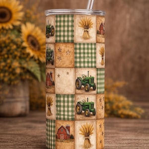 Modello patchwork senza cuciture con trattore rustico / Carta digitale autunnale da fattoria (PNG)