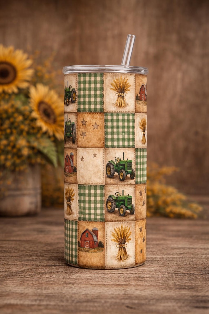 Rustic tractor Patchwork Seamless Pattern | Farmhouse Fall Digital Paper (PNG) image 1