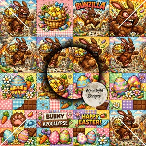 Paquete de 7 patrones sin costuras de Pascua desquiciados / Peeps Gone Wild Bunny Smash / Diseños divertidos de tela de Pascua / Patchwork 12x12 Descarga digital