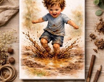 Muddy Puddle Boy Watercolor Print | Rustic Farmhouse Nursery Art (Printable) Muddy Fun Wall Art | Watercolor Wall Art