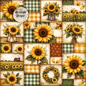 May include: A patchwork design featuring sunflowers, gingham, and star patterns. The image includes bouquets of sunflowers in vases and bundles, a sunflower wreath, and a field of sunflowers. The color palette includes yellow, green, and brown.