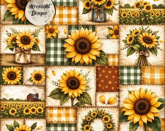 Rustic Sunflower Patchwork Seamless Pattern | Farmhouse Fall Digital Paper (PNG)