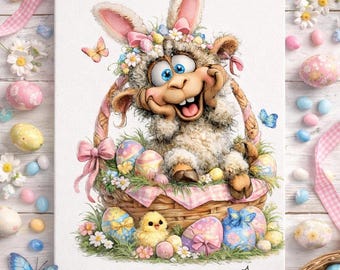 Cute Easter Lamb PNG with Bunny Ears – Watercolor Spring Clipart, Pastel Easter Basket, Sublimation Design, Kids Shirt PNG, Instant Download